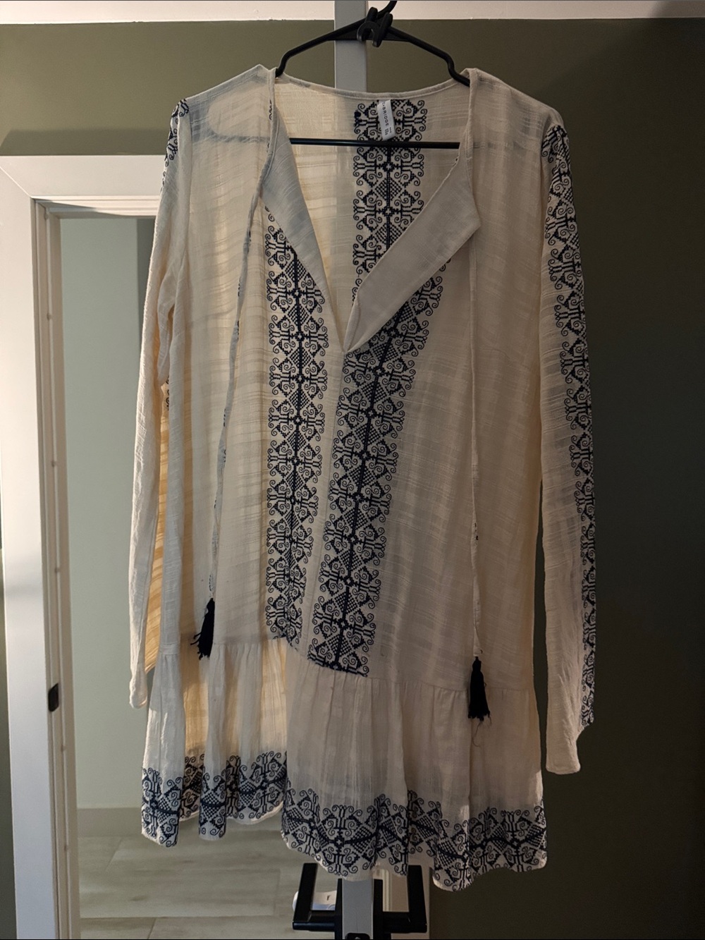 Bec & Bridge Cream Tunic Dress with Navy Embroidery